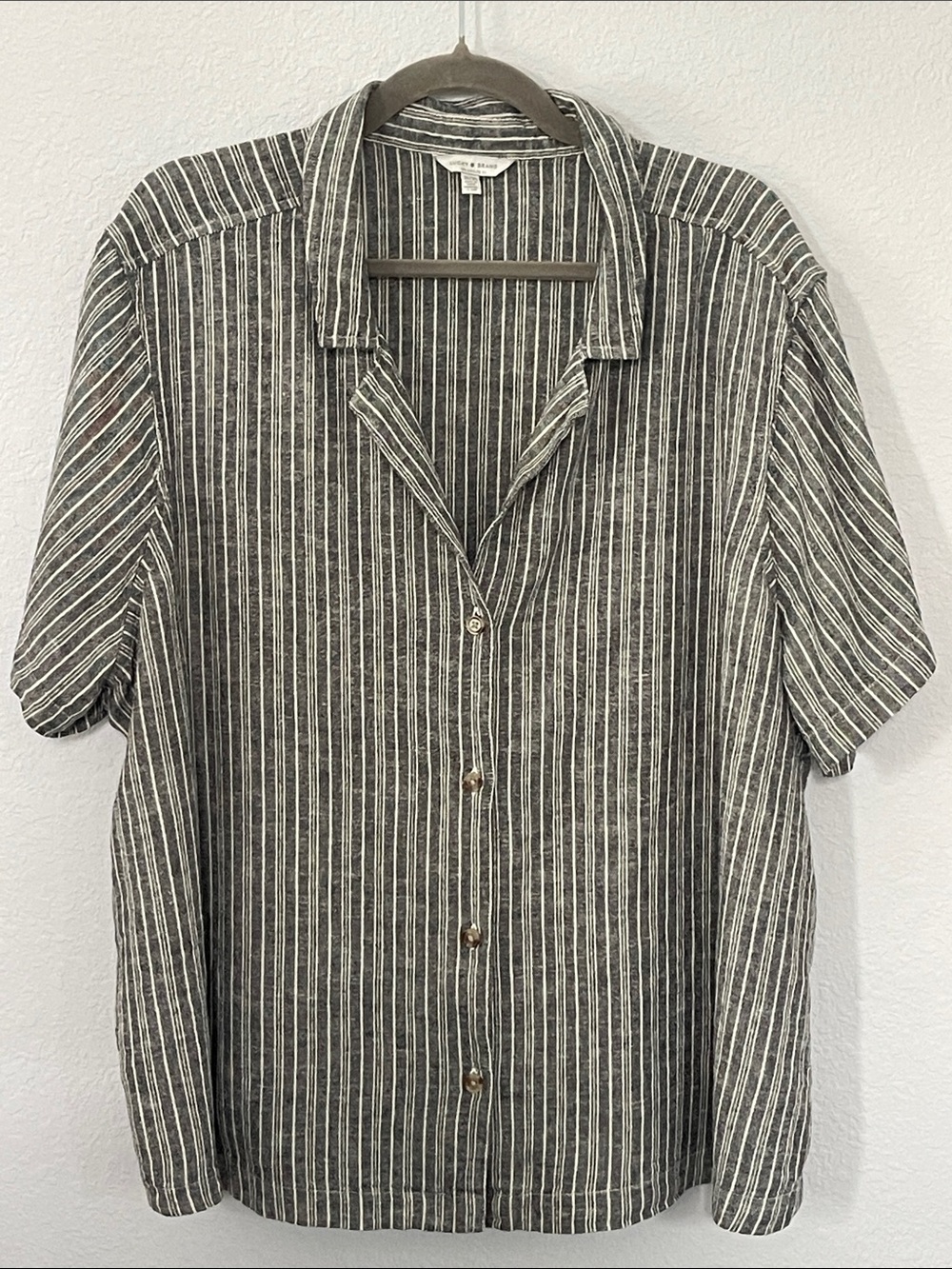 Lucky Brand Women’s 3X Linen Blend Charcoal Gray Ivory Striped Button Down